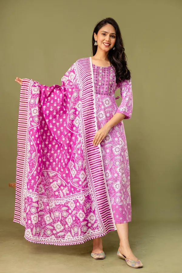 Premium Rayon & Cotton Kurti with Dupatta Set | KS952